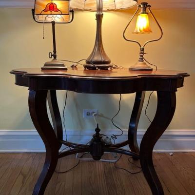 Antique stained glass, slag glass and aurene glass lamps