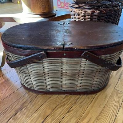 antique Burning Basket Co split top picnic basket with a tin lining, it's a cooler too