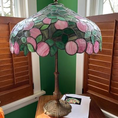 Cincinnati Wrought Iron stained glass shade lamp, fruit tree with original base