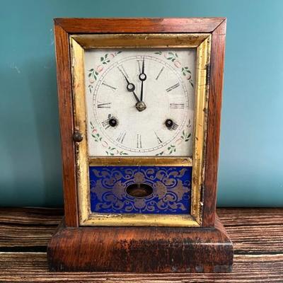 Antique 8 Day mantel clock with hand painted door and dial