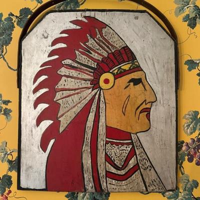 Antique hand painted house sign, depicting an American Indian chief, painted on both sides, came from an old house in northern Wisconsin
