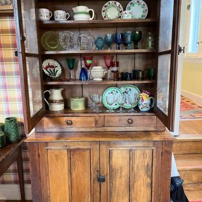 antique oak hutch with original hardware, glass and shelves--it's a beauty
