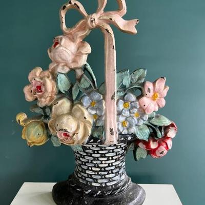 Hubley, c 1930, basket of flowers cast iron doorstop with bow
