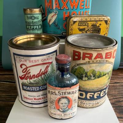 Antique advertising tins and cardboard containers: G&P bread, McLaughlin Coffee, Quaker, CR Tartar, Wag Coffee, Scheppâ€™s Cocoanut, A&P...