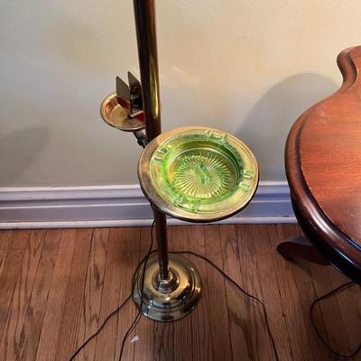 Antique smoking stand floor lamp, brass, with an antique aurene glass shade