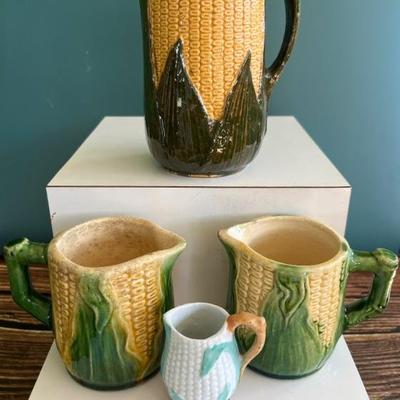 Antique American Majolica corn cob pitchers