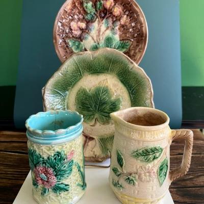 Antique Majolica plates and pitchers