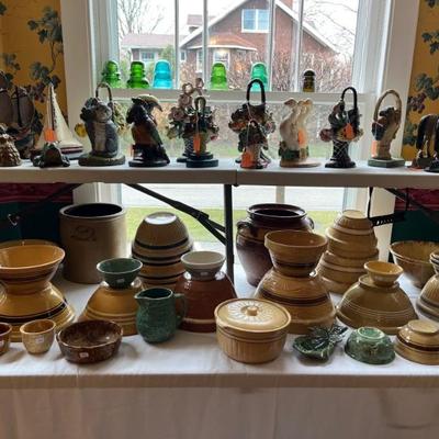 Look at all of these antique mixing bowls! Bennington, Roseville and more!