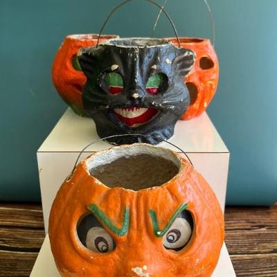Vintage 1930s, 1940s papier mache jack â€˜o lanterns and black cats, made in USA and Germany