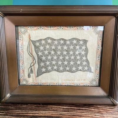 Framed vintage tobacciana flannel insert for a cigar boxâ€”American flag, 1940s