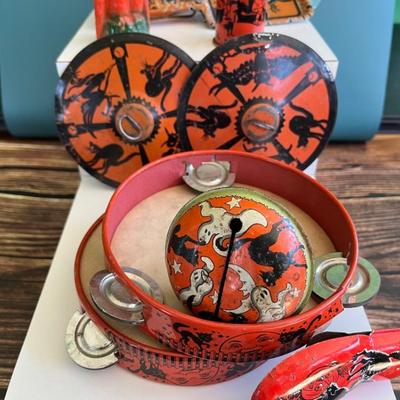 Vintage 1920s, 1930s and 1940s tin and cardboard Halloween toys, noisemakers and treats from Kirchhof, T. Cohn, Gotham Stamping and Die,...