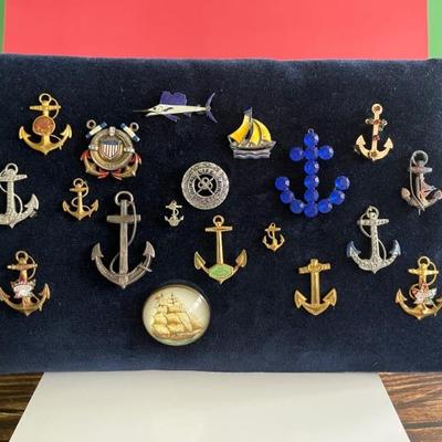 Vintage costume jewelry, pins and brooches, rhinestone, nautical themed