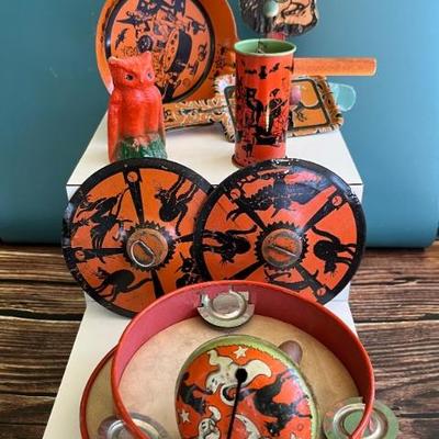Vintage 1920s, 1930s and 1940s tin and cardboard Halloween toys, noisemakers and treats from Kirchhof, T. Cohn, Gotham Stamping and Die,...