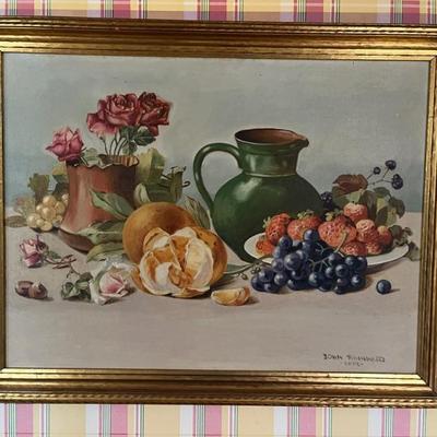 1930s signed still life with flowers and fruit, painting
