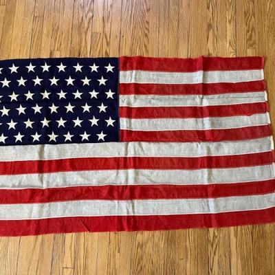 45 star American flag, 33â€ x 56â€, all sewn including sewn stars, linen, some small holes, dates 1896-1908