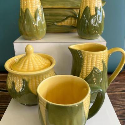 Vintage Shawnee corn cob chinaâ€”pitchers, teapot, cream and sugar, butter dish, serving dishes, salt and pepper and more

