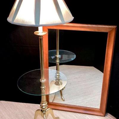 KEKA928 Stiffel Floor Lamp & Wooden Wall Mirror	3 - way switch, approximately 59" tall brass floor lamp with attached round...
