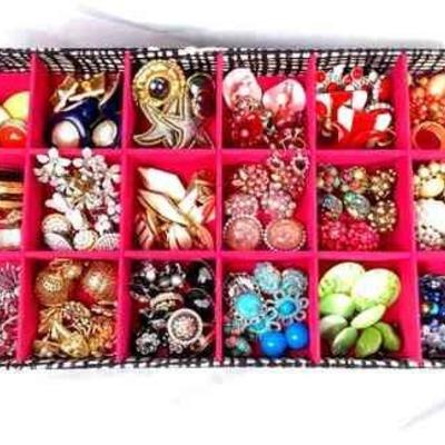 BIHY916 Vintage Earring Assortment	18 compartments of color sorted vintage earrings by famous makers: Napier, Trifari, Coro, West...