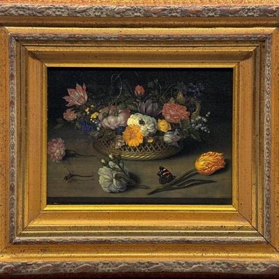 Flowers w/ Basket & Butterfly in Thick Gold Frame