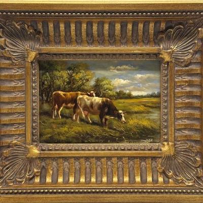 Cattle out to Pasture- Signed Oil on Canvas in Thick Gold Frame