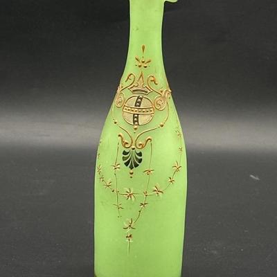 Vtg. Green w/ Gold Satin Glass French Bottle Vase