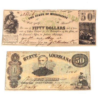 Mississippi Cotton Pledged Fifty Note & Louisiana Fifty Note