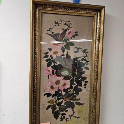 oil painting birds and flowers under glass artist unknown
