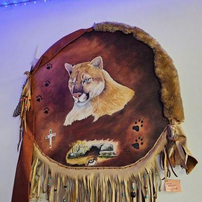 Native American oil on hide cougar painting 