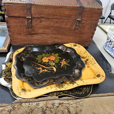 3 painted antique metal trays