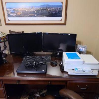 HP Monitors; HP Printer; Computer Speakers; Dale Tiffiny Desk Lamp