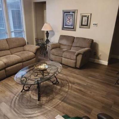 Lazyboy Sofa and Love Seat with Electric Recliners - Glass and Metal Coffee Table