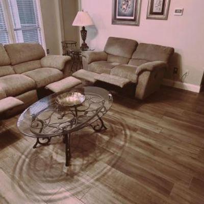 Lazyboy Sofa and Love Seat with Electric Recliners - Glass and Metal Coffee Table