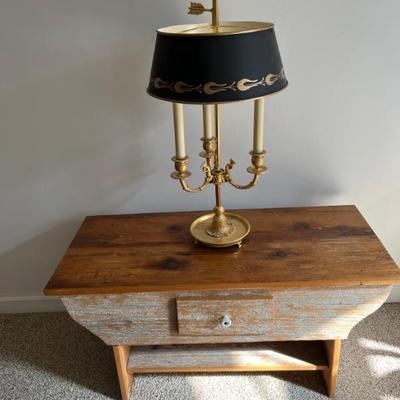 Modern farmhouse dough box table & 3 branch French style brass bouillante lamp with black shade with gold leaf decoration, 29" high