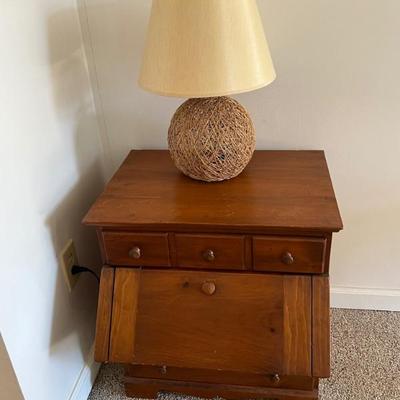 Pine flour bin table & woven sphere lamp