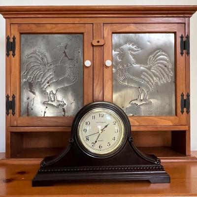 Hanging cupboard/punched tin rooster panel doors & tambour clock