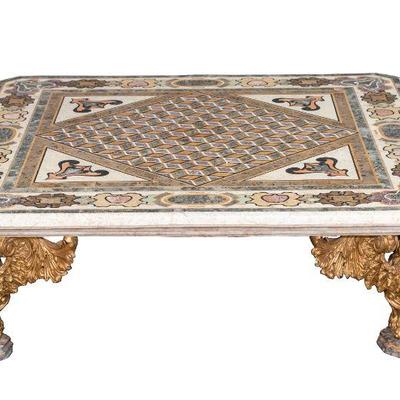 47. Inlaid Marble Top Egyptian Inspired Coffee Table with Gilt Gold Eagle Feet  16 H x 51 Square