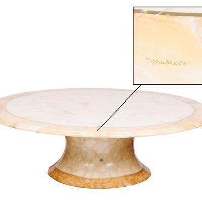 46. PEDESTAL ONYX COFFEE TABLE SIGNED MULLER  1 3 H x 4 Diam