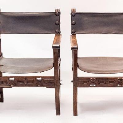 36. PAIR FRUITWOOD CHAIRS W LEATHER SEATS BACKS  40 H x 27 W x 24 D