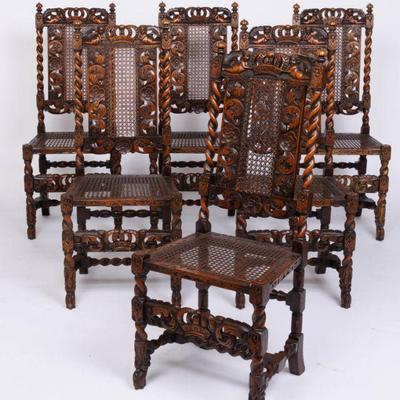 40.2  Set of 8 Renaissance Jacobean William and Mary w Carved Crowns  Side Chairs  47 H x 20 W x 16.5 D