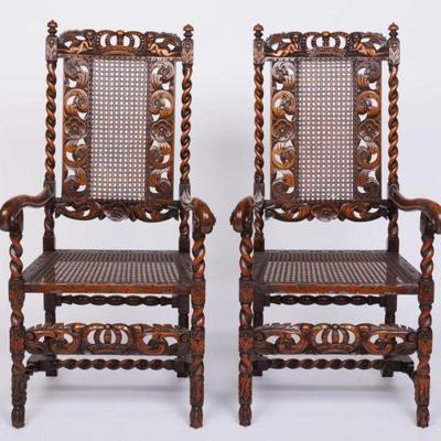 40.1 Set of 8 Renaissance Jacobean William and Mary w Carved Crowns  Armchairs  52 H x 24 W x 22 D