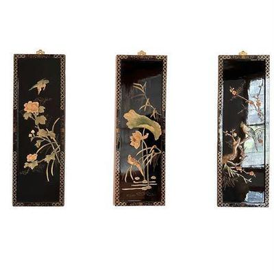 Lot 003 
Vintage Oriental Black Lacquered Panels With Mother of Pearl Inlay, Set of 3