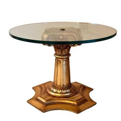 Lot 037  
Vintage Hollywood Regency Gold Toned Side Table with Round Glass Top
