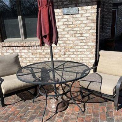Lot 058  
Outdoor metal table with umbrella and two chairs
