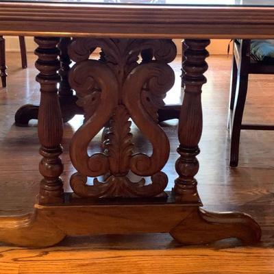 Gorgeous Single Slab Carved Dining Room Table, Custom Thick Glass and 6 Chairs