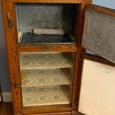 Vintage Tall Oak and Brass Two Door Ice Box