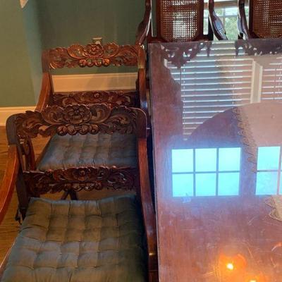 Gorgeous Single Slab Carved Dining Room Table, Custom Thick Glass and 6 Chairs
