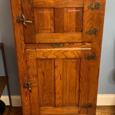 Vintage Tall Oak and Brass Two Door Ice Box