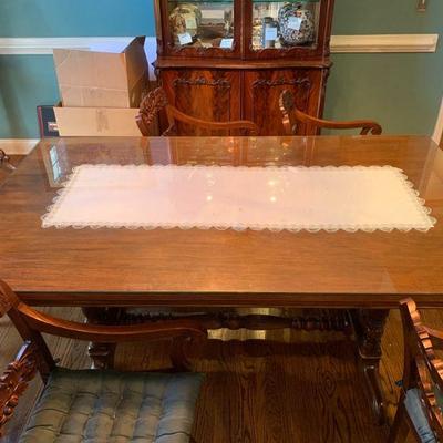 Gorgeous Single Slab Carved Dining Room Table, Custom Thick Glass and 6 Chairs