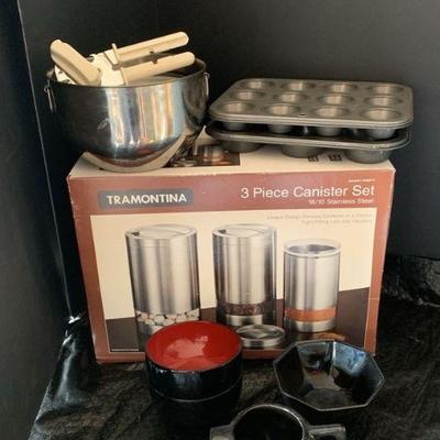 New in box canister set and kitchen items