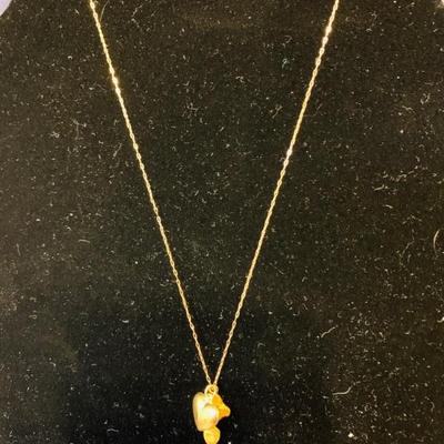 SOLID 14K YELLOW GOLD NECKLACE WITH 14K GOLD NUGGET AND 14K HEART PENDANT